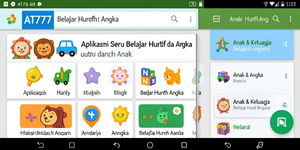 Antarmuka aplikasi AT777 dengan fitur belajar huruf dan angka.